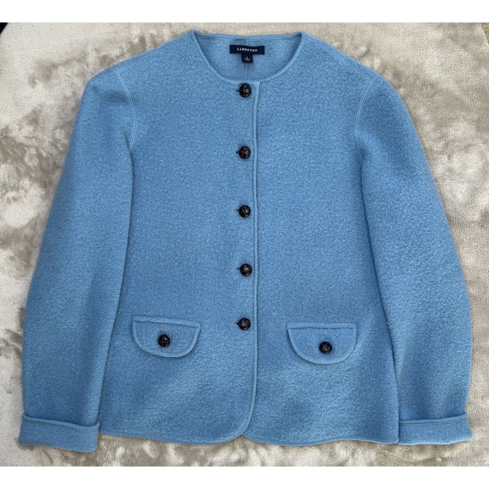 Lands End Womens 8 Blue 100% Wool Boiled Wool Jacket Blazer Preppy Button